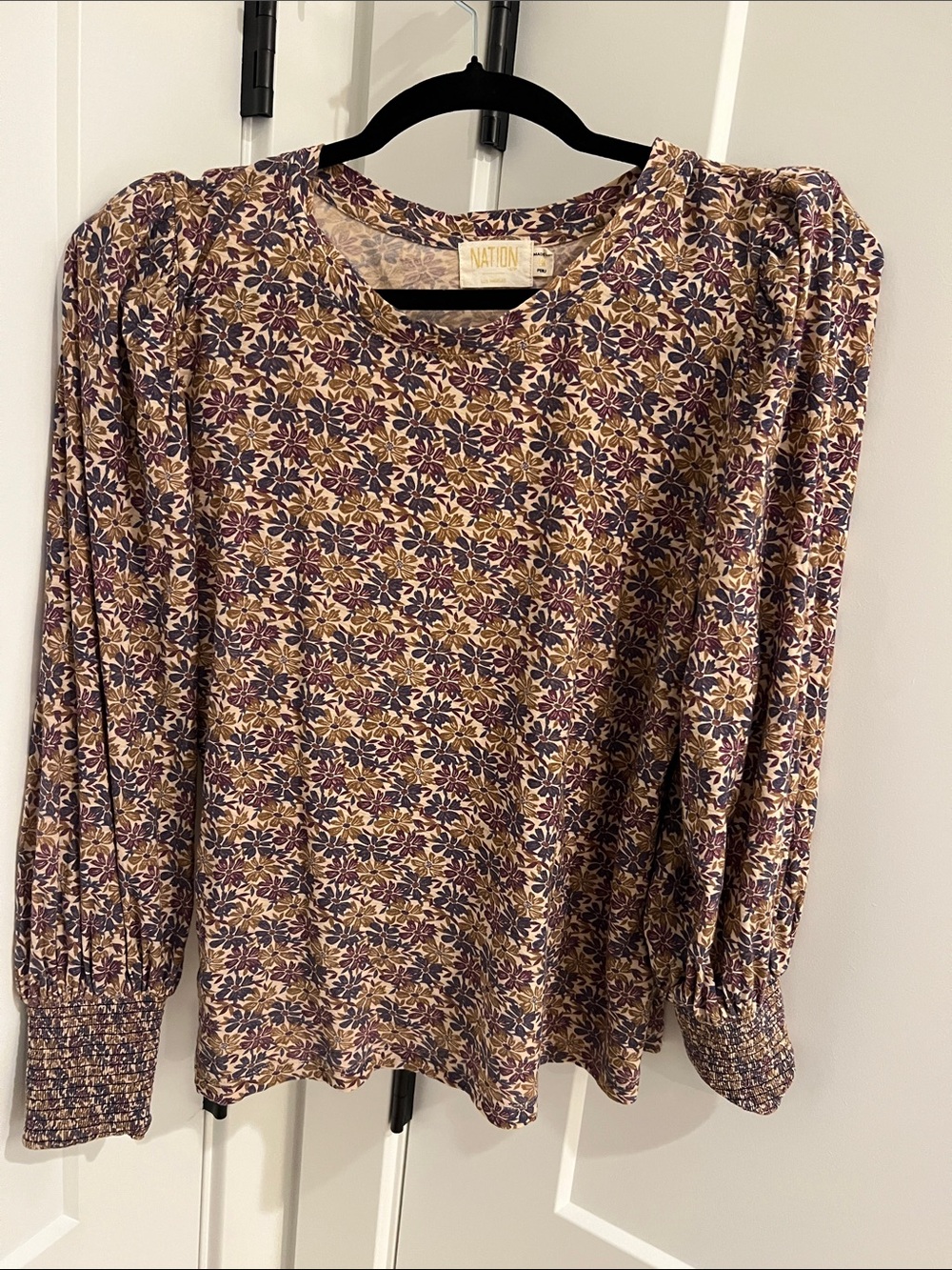 Nation LTD Purple and Cream Floral Puff-Sleeve Top
